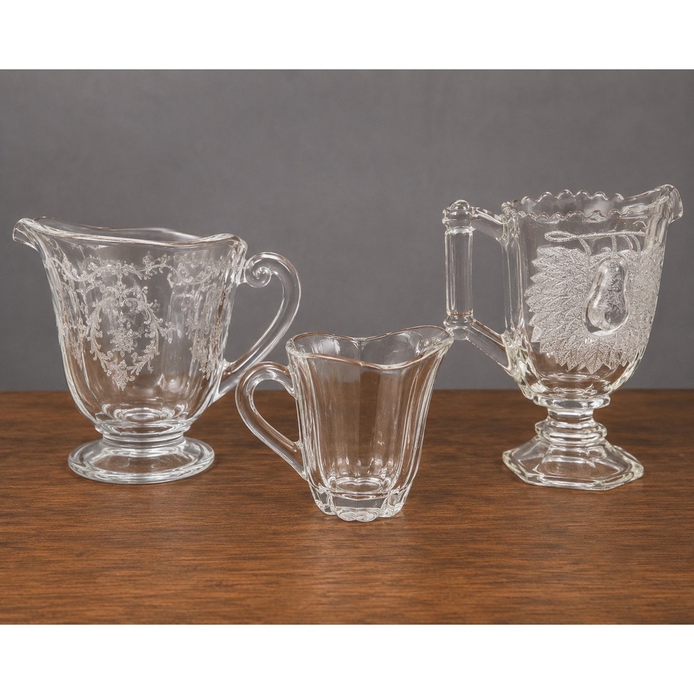 Vintage Glass Set Etched Floral Embossed Piece Pear Footed Pitcher 3pc Clear